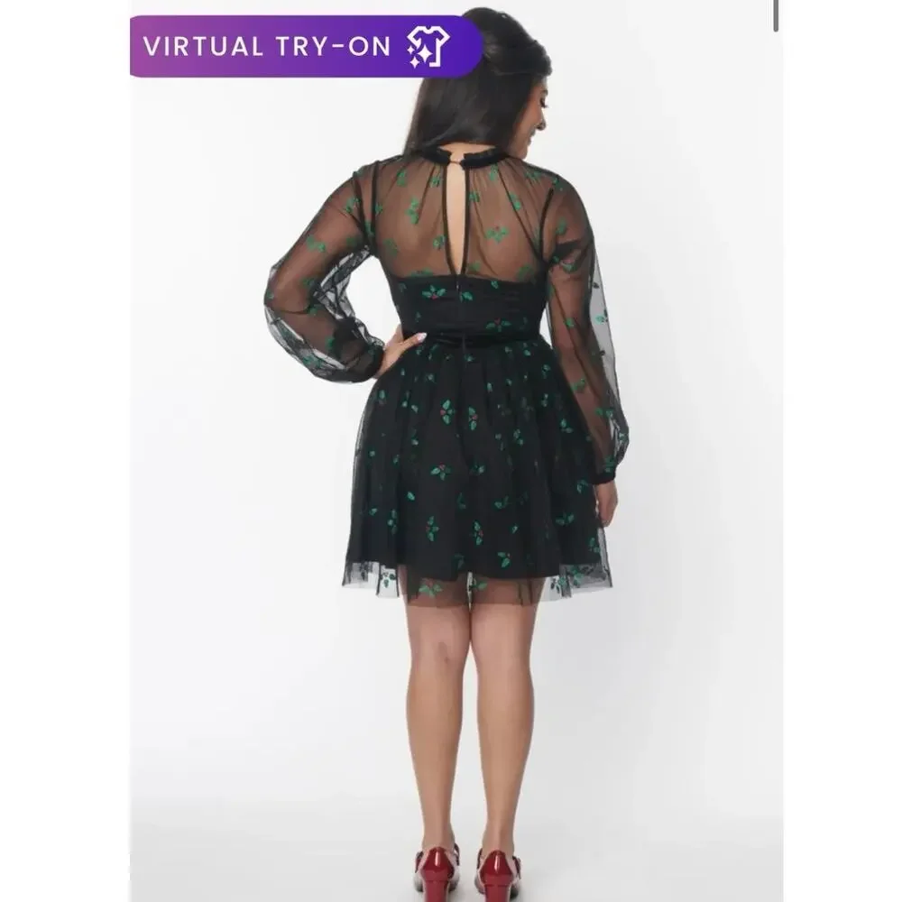 NWT Unique Vintage Holiday Dress Size 1X/16 Party Mistletoe Long Sleeve Mesh